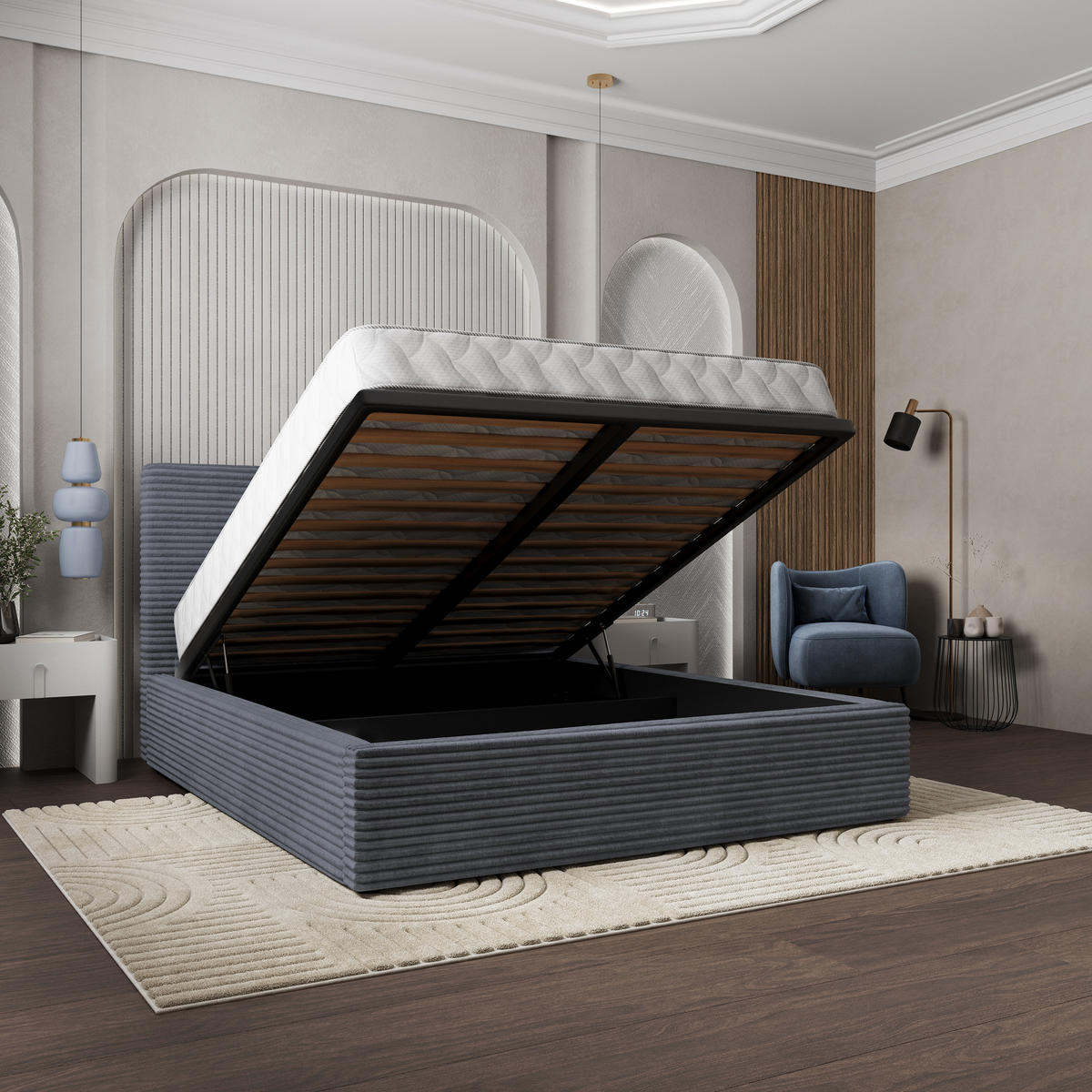 POLSTERBETT MIRETTI 160x200 cm mit Bettkästen - Graphitfarben - Graphitfarben, Holz (160/200cm) - MASSENO