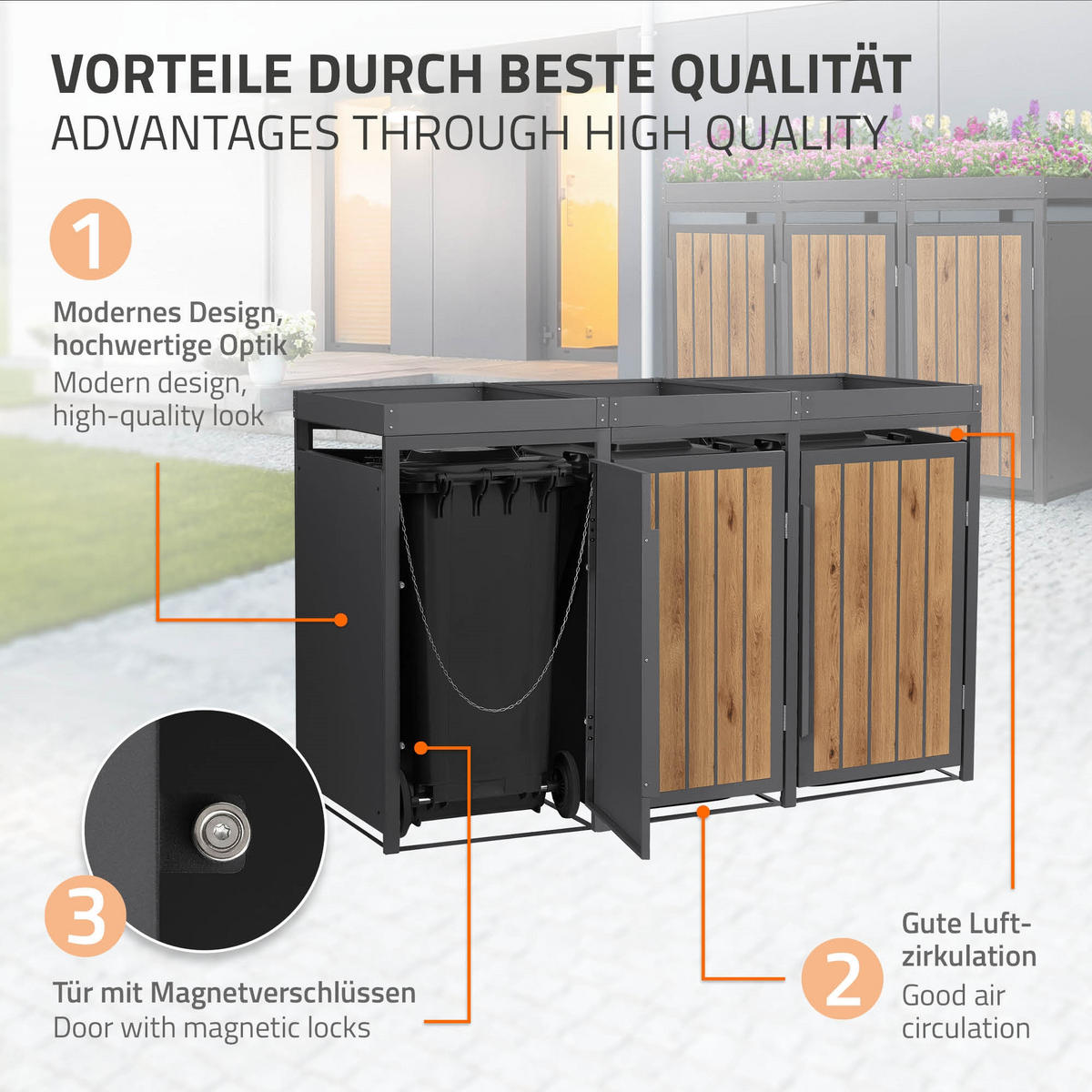 MÜLLTONNENBOX 3er mit Pflanzdach 240L Anthrazit-Holzoptik aus Stahl - Hellbraun, Metall (80/124/196cm) - ML-DESIGN