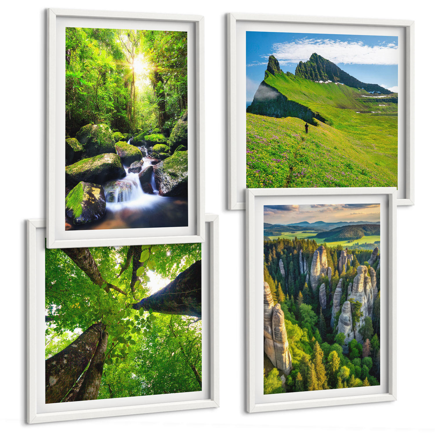 BILDER SET 4er Set - 50x50 cm & 40x60 cm Weißer Rahmen - Grüne Berge Wasserfallwald - Weiß, Kunststoff (50/50cm) - TULUP