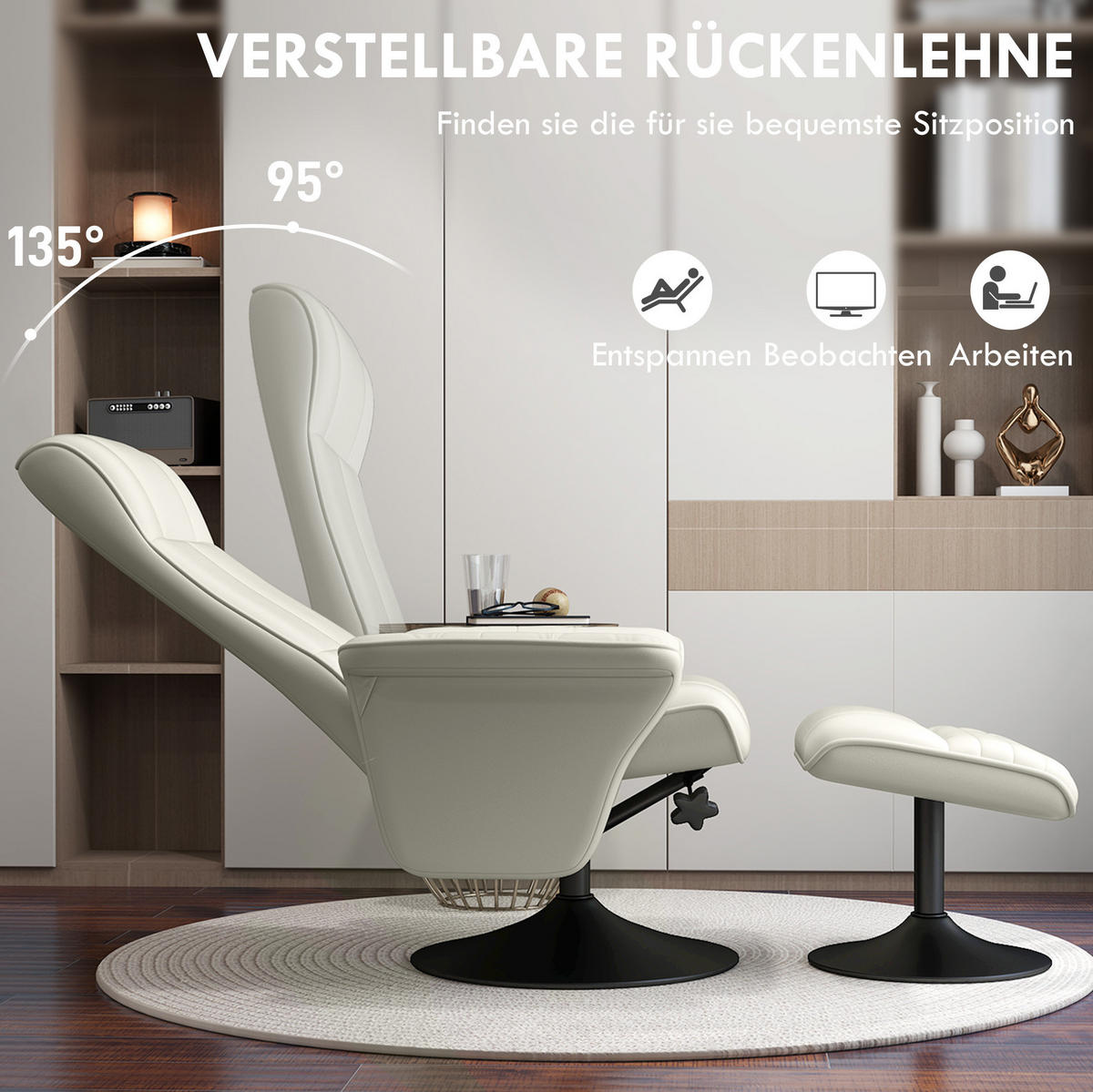 RELAXSESSEL mit Hocker Polyester 360° drehbar, bis 135° verstellbar 69/71/104 cm Cremeweiß - Creme, Textil (71/104/69cm) - Redom