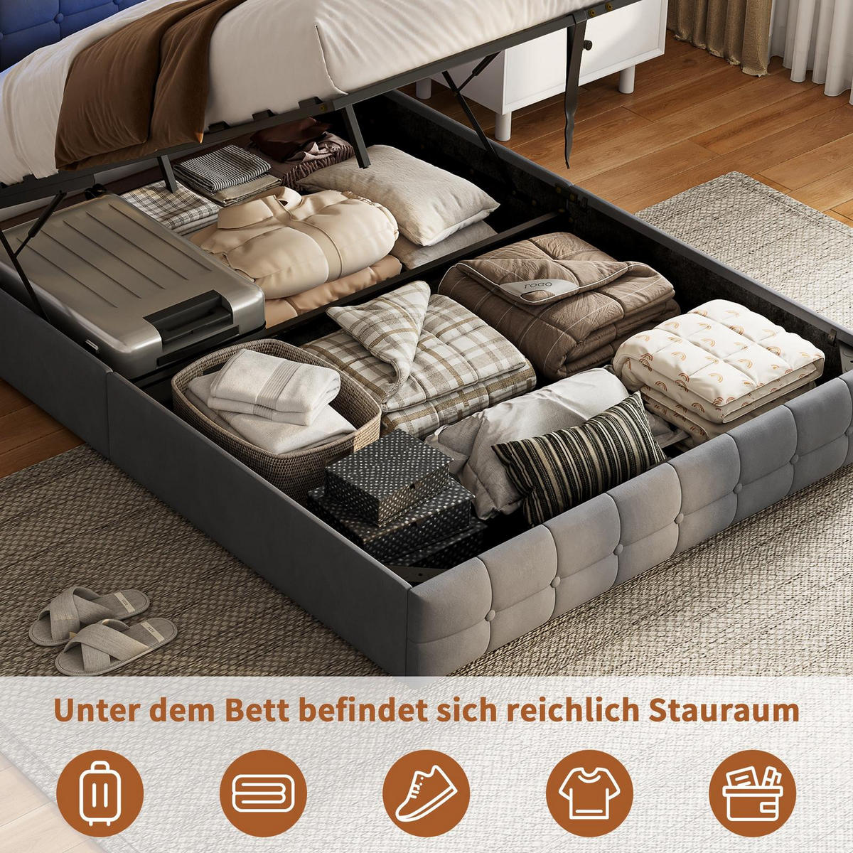 BETT mit hydraulischem Bettkasten, 140/200 cm, mit Samtbezug, LED-Beleuchtung und USB-Anschlüssen, Grau - Grau, Textil/Metall (140/200cm) - Waldena