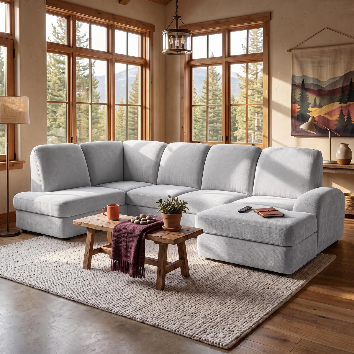 ECKSOFA VIBE U Links mit Schlaffunktion 129x263 Chenille Hellgrau - Hellgrau/Schwarz, Holz/Kunststoff (280/102/186cm) - Muffo