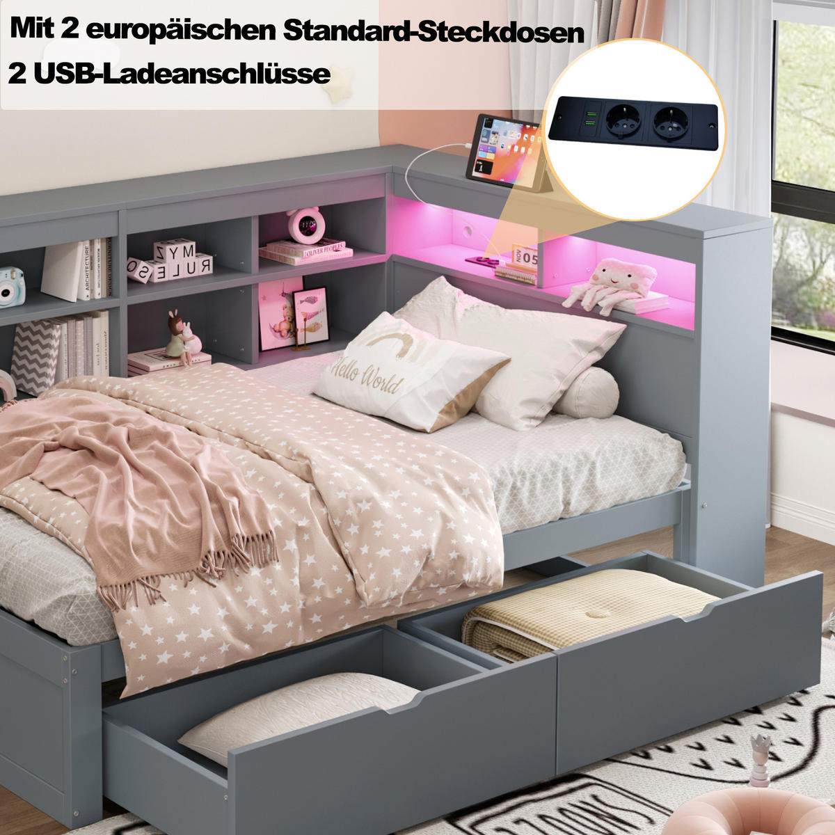 POLSTERBETT 90x200 cm LED USB grau - Grau, Holz (90/200cm) - LEBENLANG