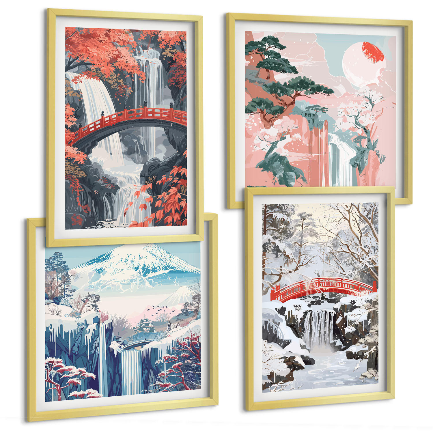 BILDER SET 4er Set - 50x50 cm & 40x60 cm Goldrahmen - Berglandschaften und Wasserfälle - Goldfarben, Kunststoff (50/50cm) - TULUP