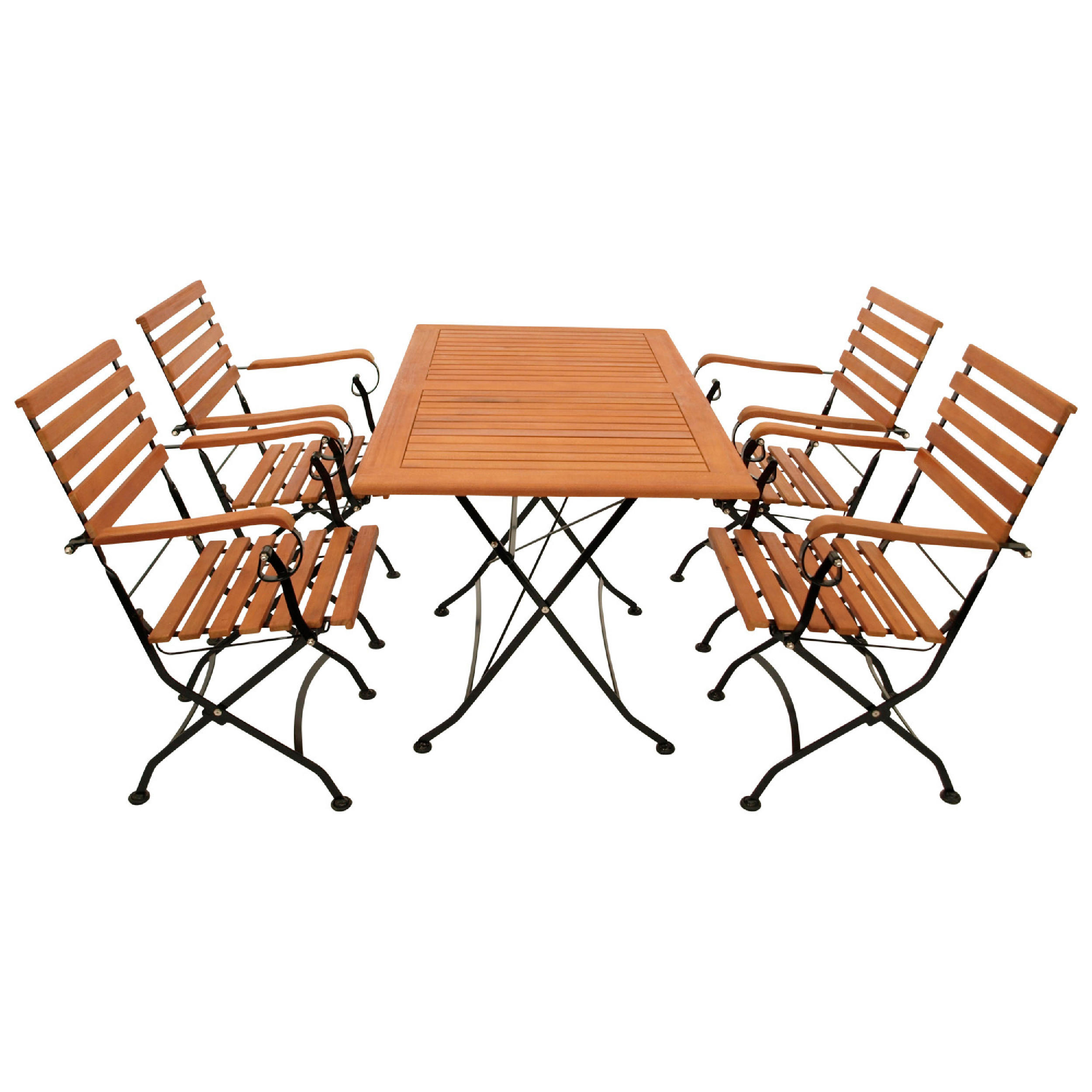 GARTENGARNITUR Bad Belzig - 5-teilig (4x Armlehnensessel, 1x Tisch 120x70cm), Gestell Flachstahl schwarz, Latten Eukalyptusholz, - Schwarz, Metall - TPFGarden