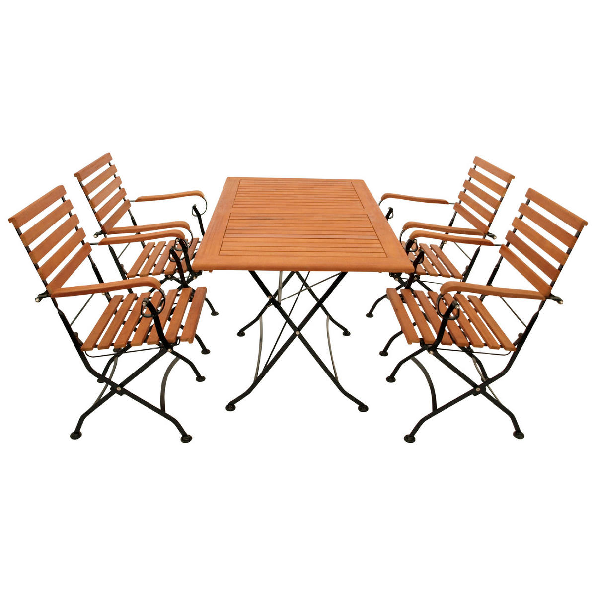 GARTENGARNITUR Bad Belzig - 5-teilig (4x Armlehnensessel, 1x Tisch 120x70cm), Gestell Flachstahl schwarz, Latten Eukalyptusholz, - Schwarz, Metall - TPFGarden