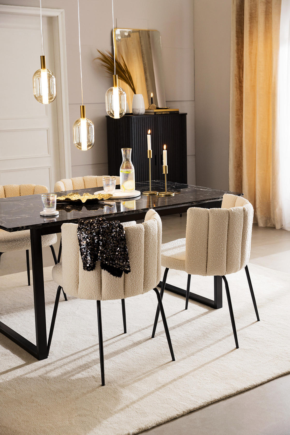 POLSTERSTUHL - Bouclé / Eisen, 2er-Set - Creme/Schwarz, Textil (55/78/59cm) - home24