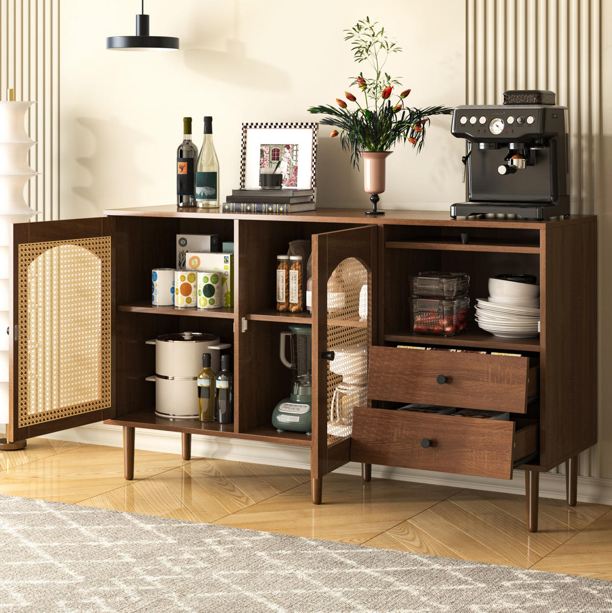SIDEBOARD im Landhausstil 130 x 40 x 75,5 cm Holzoptik mit Rattantüren - Braun, Holzwerkstoff (130/75.5/40cm) - Meubliv