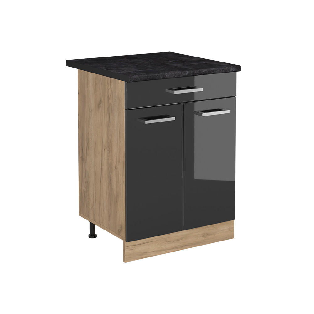 KÖKSUNDERSKÅP R-Line, Antracit högblank/Goldkraft ek, 60 cm med låda antracitas stalviršis Svart högglans, Honungsek 81.6/60/60 cm