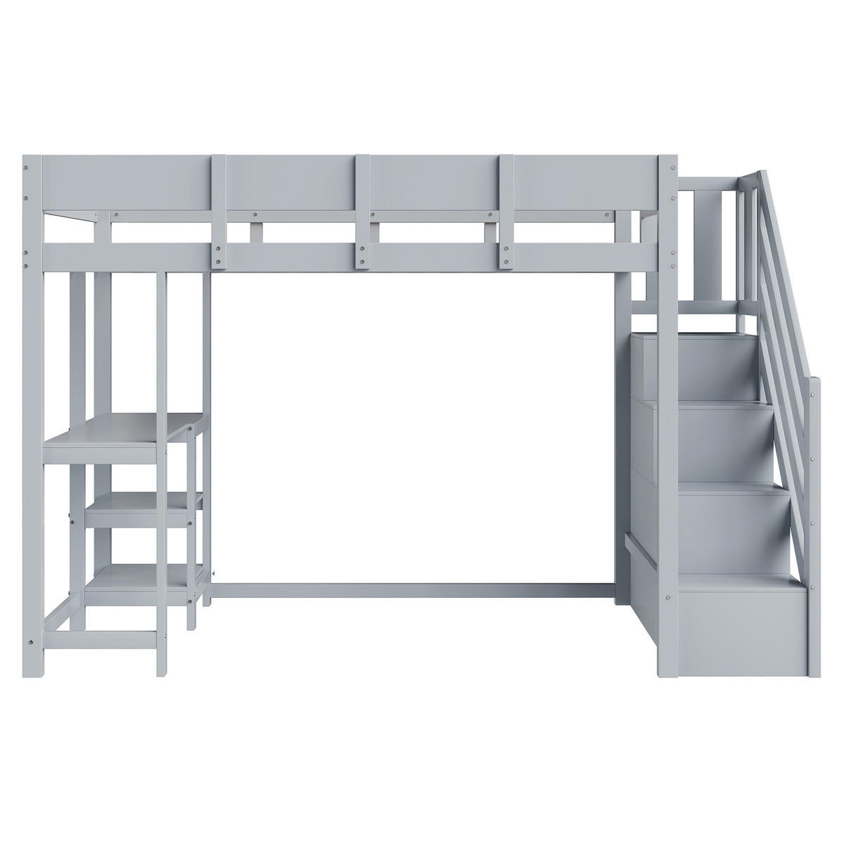 HOCHBETT aus Kiefernholz 90x200 cm Grau mit Stauraumtreppe, Ablageregal und Rundum-Schutzgittern - Grau, Holzwerkstoff (90/200cm) - Modfu