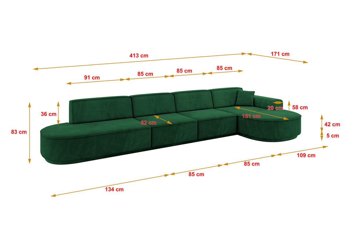 ECKSOFA Ottomane Rechts MARI-L3-v3 - 413x171x83 cm Dunkelgrün Velours - Dunkelgrün/Schwarz, Holzwerkstoff/Kunststoff (171/413cm) - ALTDECOR