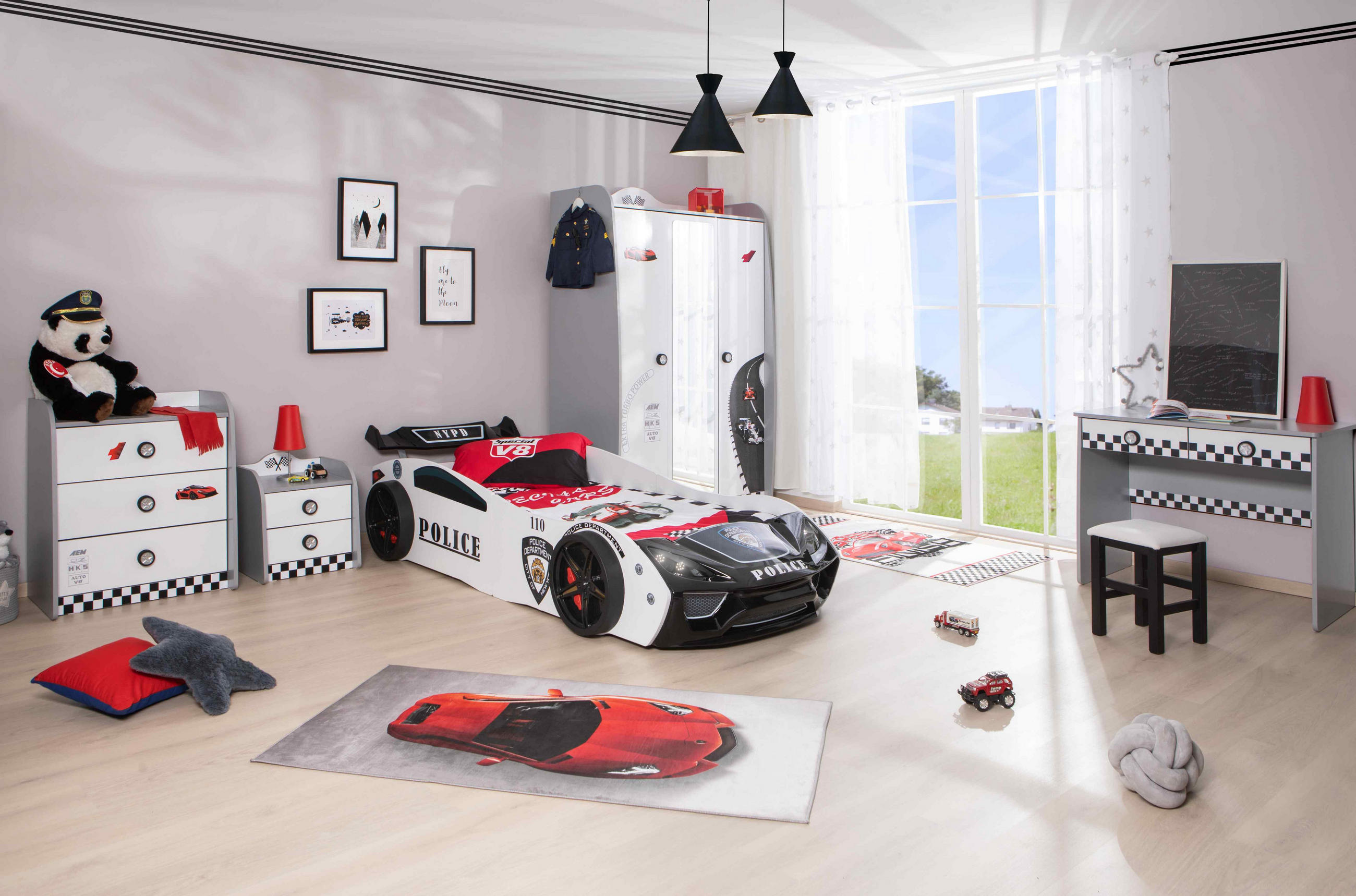 KINDERZIMMER Police Komplett Set mit Autobett 5-tlg. Schwarz Weiß - Schwarz/Weiß, Holzwerkstoff/Kunststoff (128/200/64cm) - Aileenstore