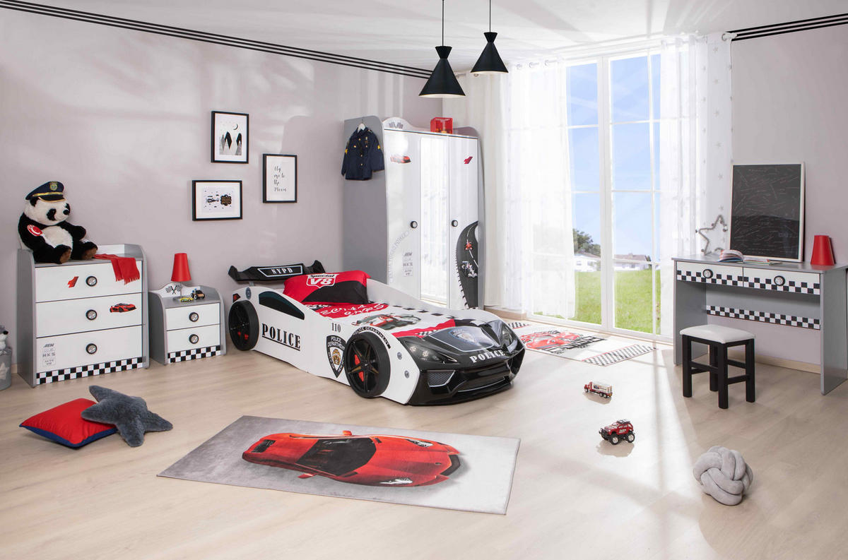 KINDERZIMMER Police Komplett Set mit Autobett 5-tlg. Schwarz Weiß - Schwarz/Weiß, Holzwerkstoff/Kunststoff (128/200/64cm) - Aileenstore