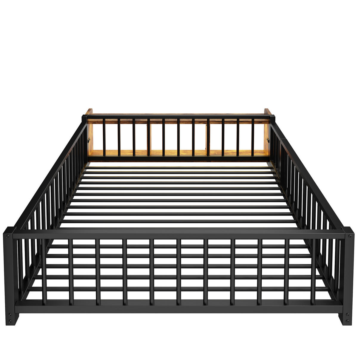 KINDERBETT aus Metall und MDF 140x200 cm Schwarz mit Schutzgeländer, offenem Staufach und LED-Beleuchtung - Schwarz, Holzwerkstoff (140/200cm) - Modfu