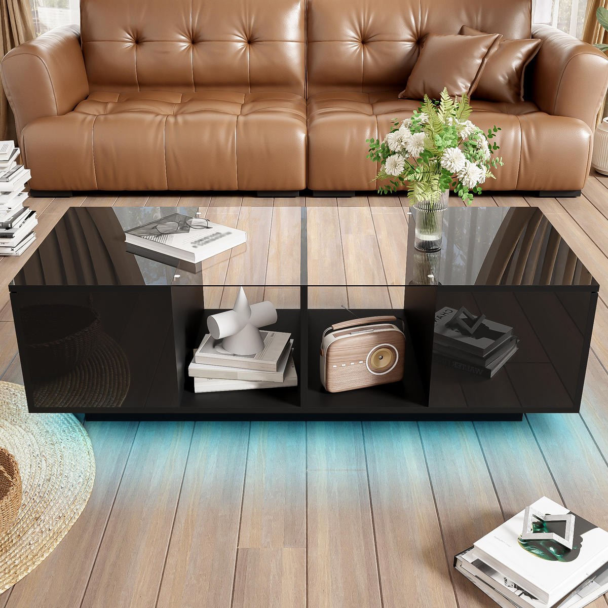 COUCHTISCH, Hochglanz/Matt mit Glasplatte und steuerbarer LED, 120/50/38,5 cm, Schwarz - Schwarz, Holzwerkstoff (120/50/38.5cm) - Redom