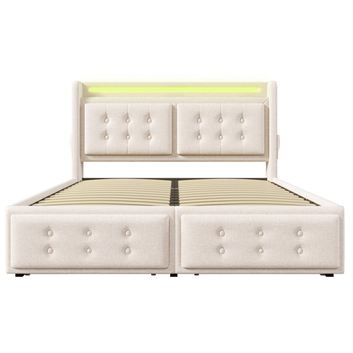 POLSTERBETT aus Baumwolle und Metall 160x200 cm Beige mit LED-Beleuchtung, USB-C, USB und 4 Schubladen - Beige, Textil (160/200cm) - Modfu