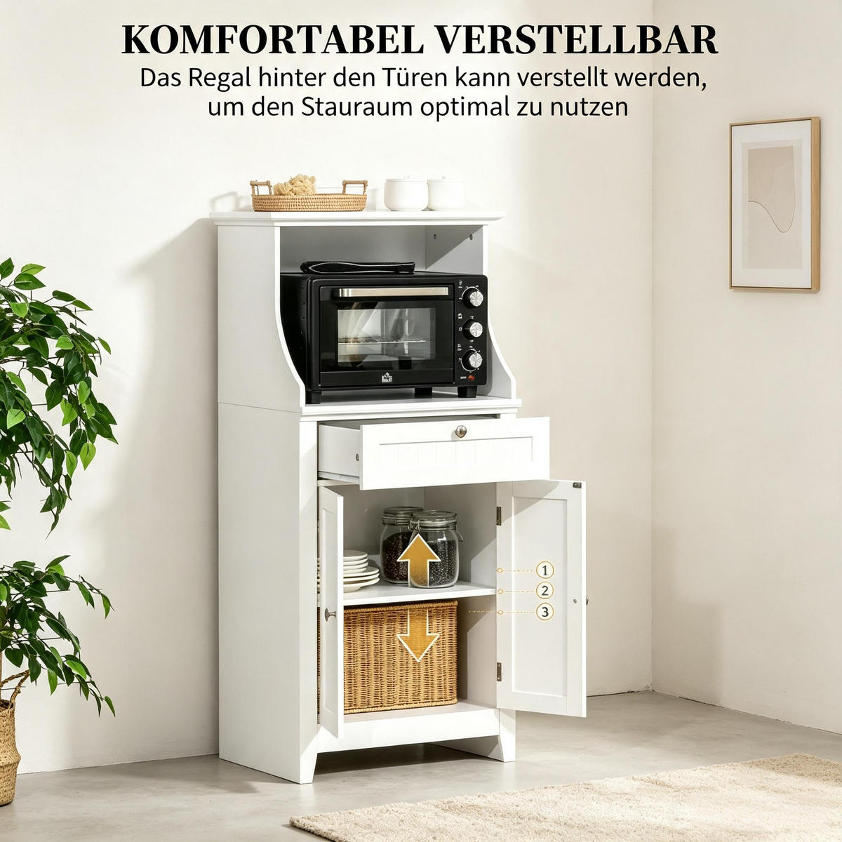 HIGHBOARD DE-38817 60/40/122,5 cm Mikrowellenfach und Schublade Weiß - Weiß, Holzwerkstoff (60/122.5/40cm) - ComfortXL