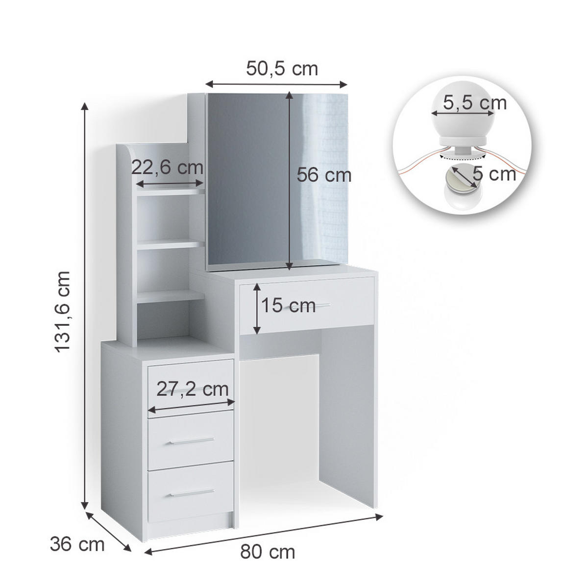 TOALETNÍ STOLEK Conrada Bílá - bílá, kompozitní dřevo (80/131.6/36cm) - Vicco