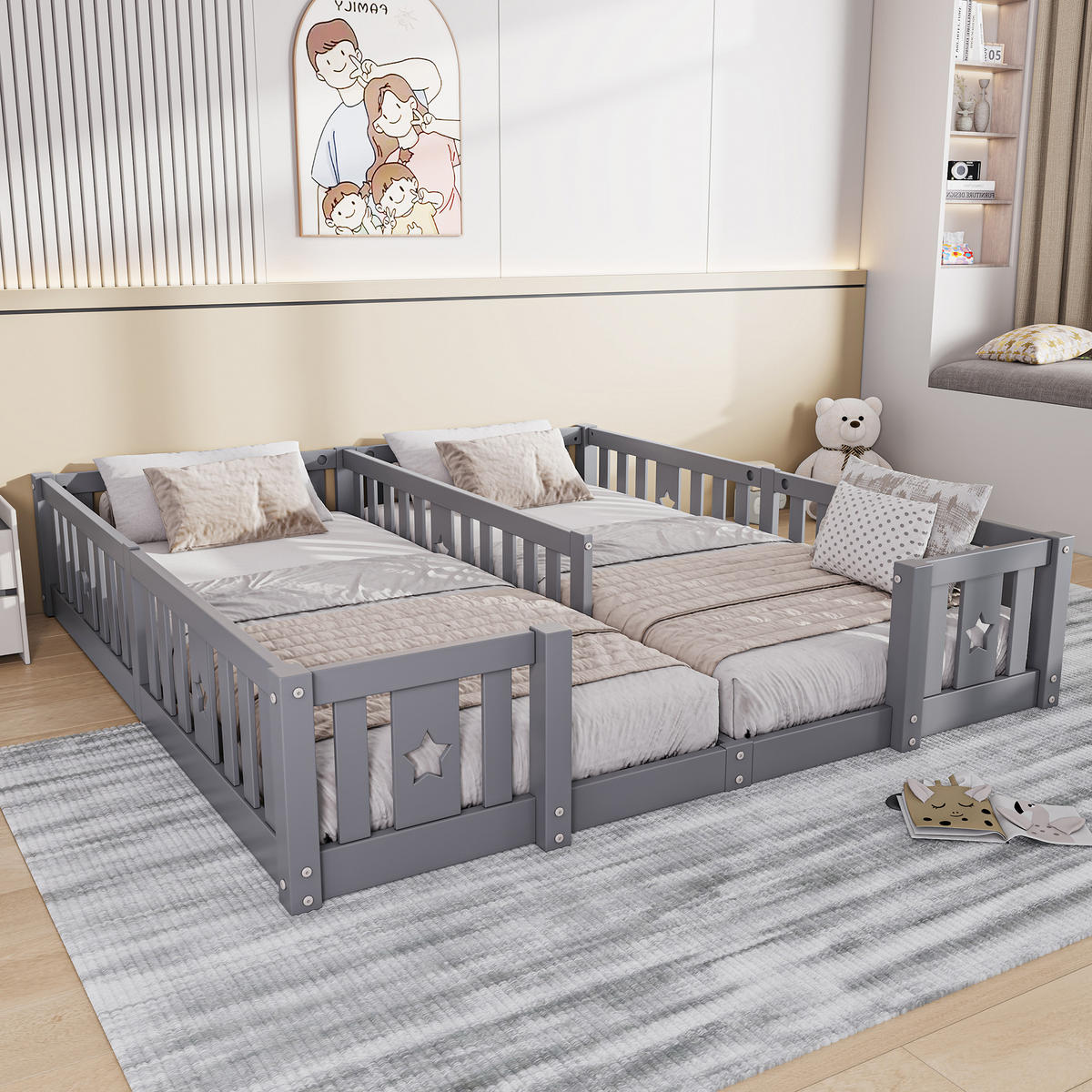 KINDERBETT 90x200 cm Familienbett mit Geländer, 2 Schlafplätzen, Ohne Lattenrost, Grau - Grau, Holz (90/200cm)