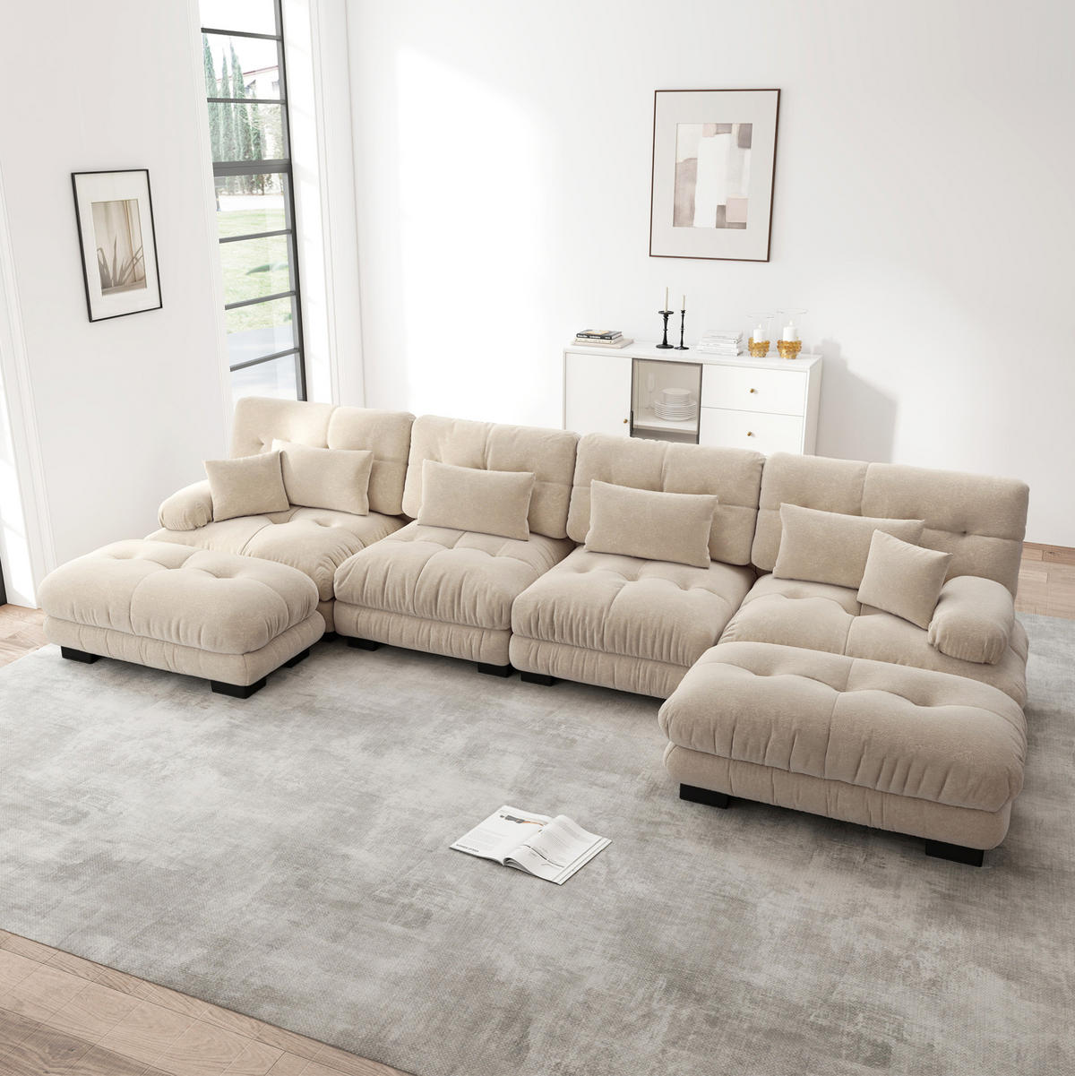 WOHNLANDSCHAFT aus Chenille Hellbraun modular mit beweglichen Ottomane, U- oder L-Form und Cloud-Komfort - Cappuccino, Textil (406/81/145cm) - Modfu
