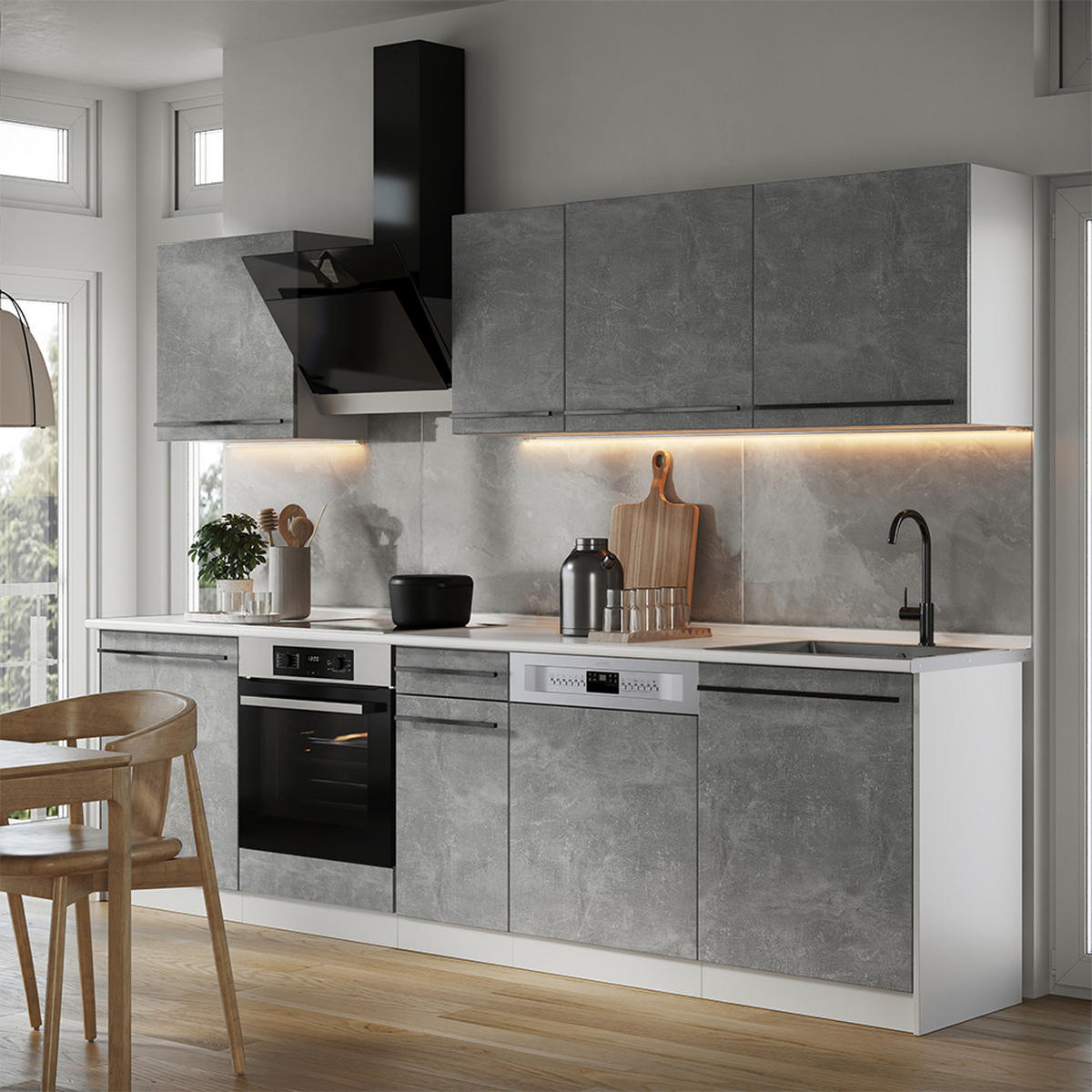 KUCHYŇSKÝ KOUT R-Line, Beton/Bílá, 280 cm bez pracovní desky - šedá/bílá, kompozitní dřevo (280/206.8/46cm) - Vicco