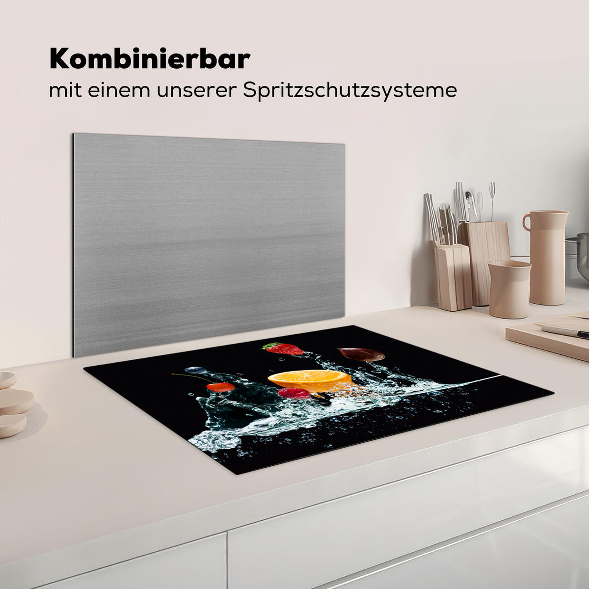 KRYT NA INDUKČNÍ DESKU Voda - Ovoce - Pomeranč - Jahoda - Třešeň - Černá 71x52 cm - pomerančová, plast (71/52/0.2cm) - MuchoWow