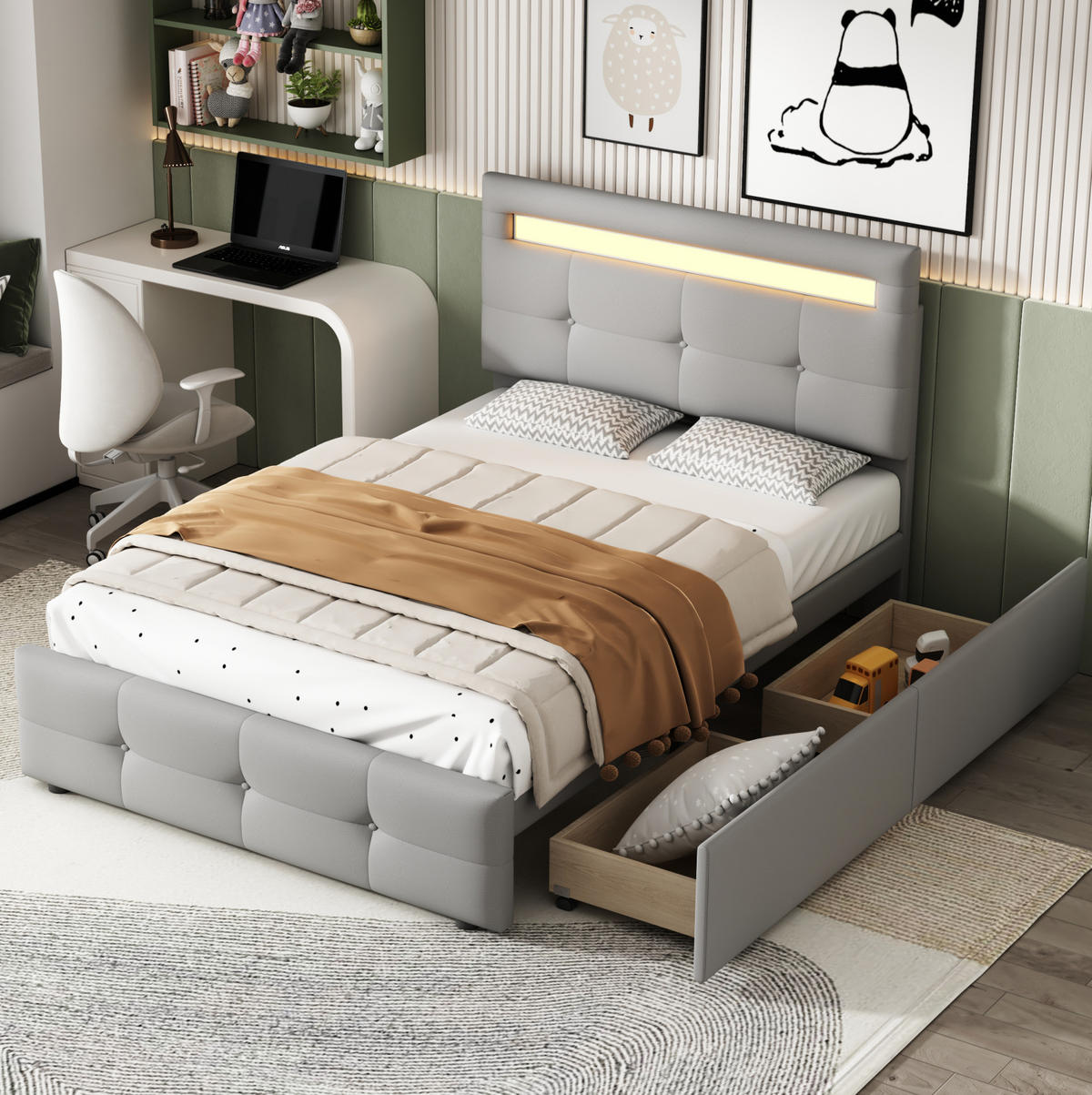 POLSTERBETT 90/200 cm Grau aus Polsterung mit LED und 2 Schubladen - Grau, Textil (90/200cm) - OKMYHOME