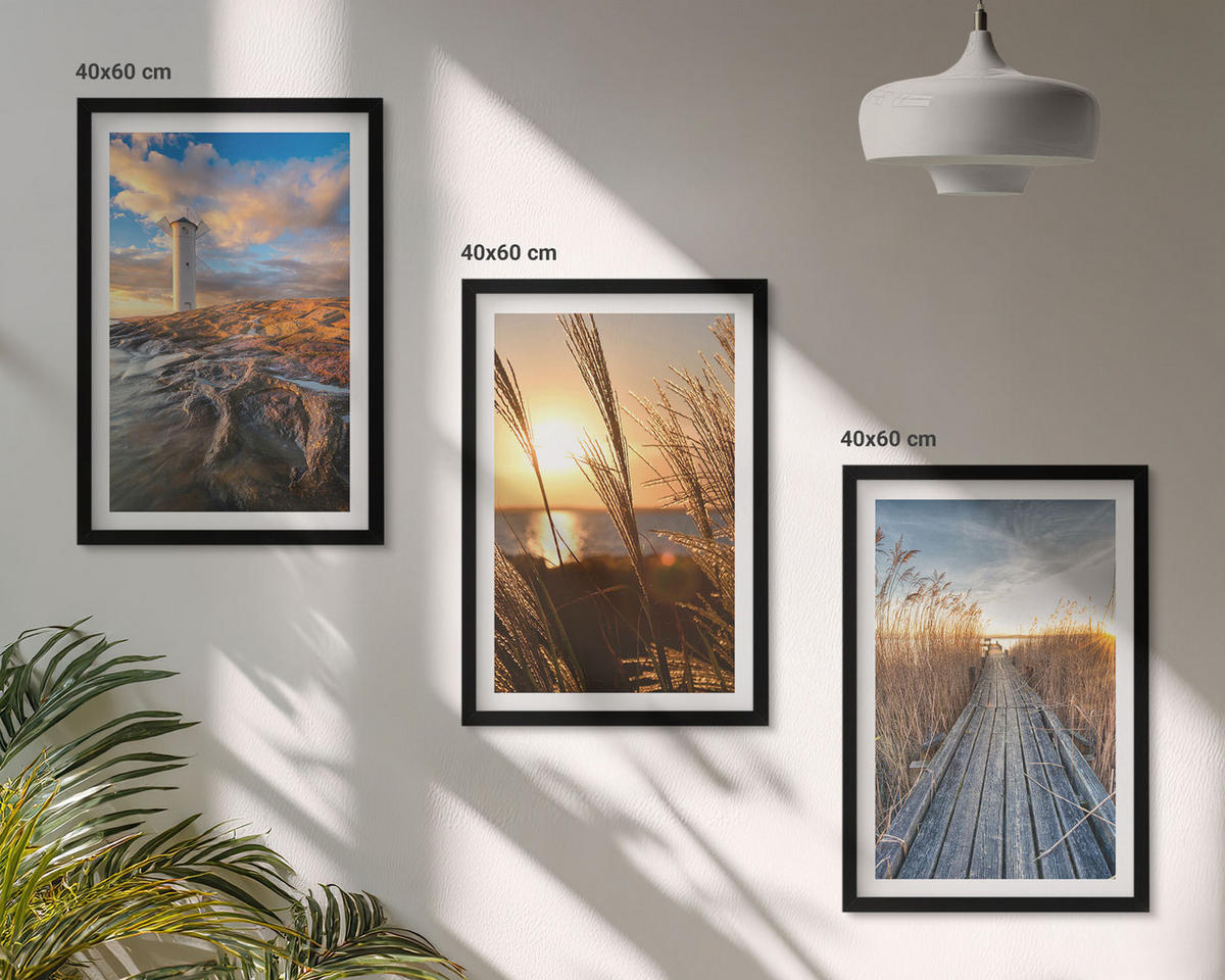 BILDER SET 3er Set - 40x60 cm Schwarzer Rahmen - Leuchtturm-Grassteg - Schwarz, Kunststoff (40/60cm) - TULUP