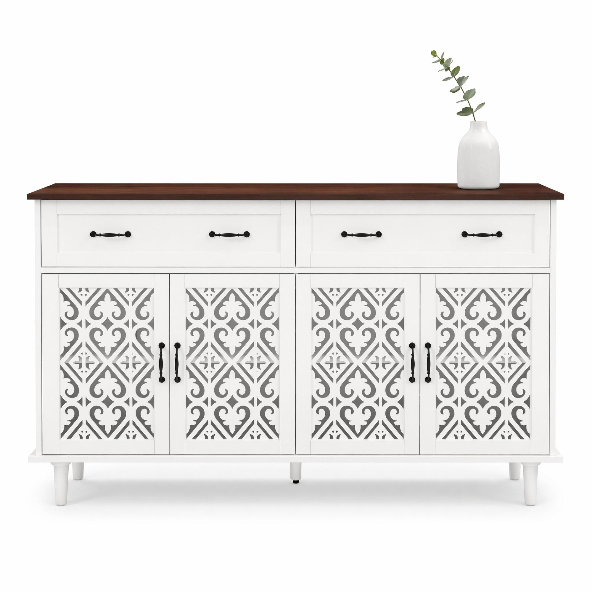 SIDEBOARD in Weiß Kommode mit 4 Türen, 2 Schubladen, geschnitzten Fronten und verstellbaren Einlegeböden, B150/T40/H90cm - Weiß, Holzwerkstoff/Metall (150/90.3/40cm) - STILVORA