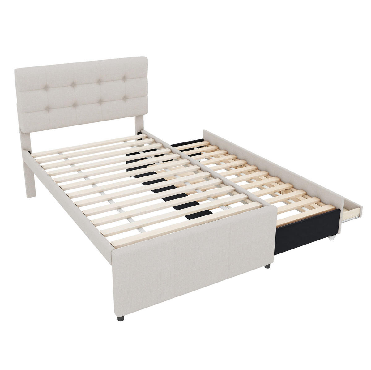 POLSTERBETT aus Leinen 90x200 cm in Beige mit Ausziehbett & 3 Schubladen - Beige, Textil (90/200cm) - Modfu