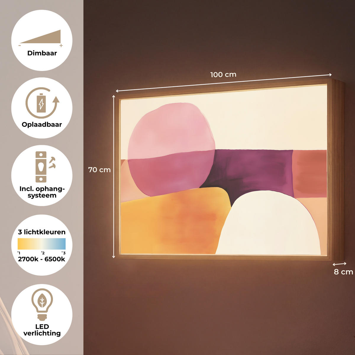 NÁSTĚNNÁ LAMPA S AKUMULÁTOREM Tvary - abstraktní - barevné 100x70 cm - růžová, kompozitní dřevo (100/70/8cm) - OnlyWow