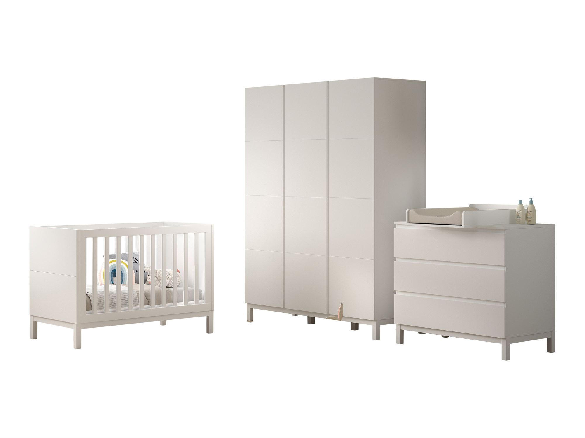 BABYZIMMER SET Keely Kiefer & MDF weiß Babybett Wickelkommode Schrank - Weiß, Holz (58/196/149cm) - 58aufmkessel