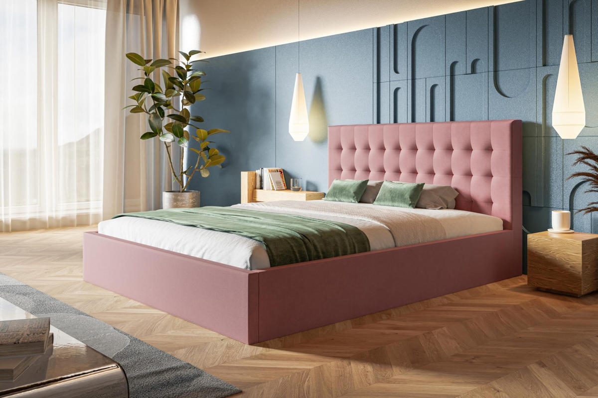 BETT 90x200 - Polsterbett mit Bettkasten und Metallrahmen - Modern Betten - Weicher Jasminstoff - Kollektion Rio, Rosa - Pink, Holz/Textil (90/200cm) - Alpi-Möbel