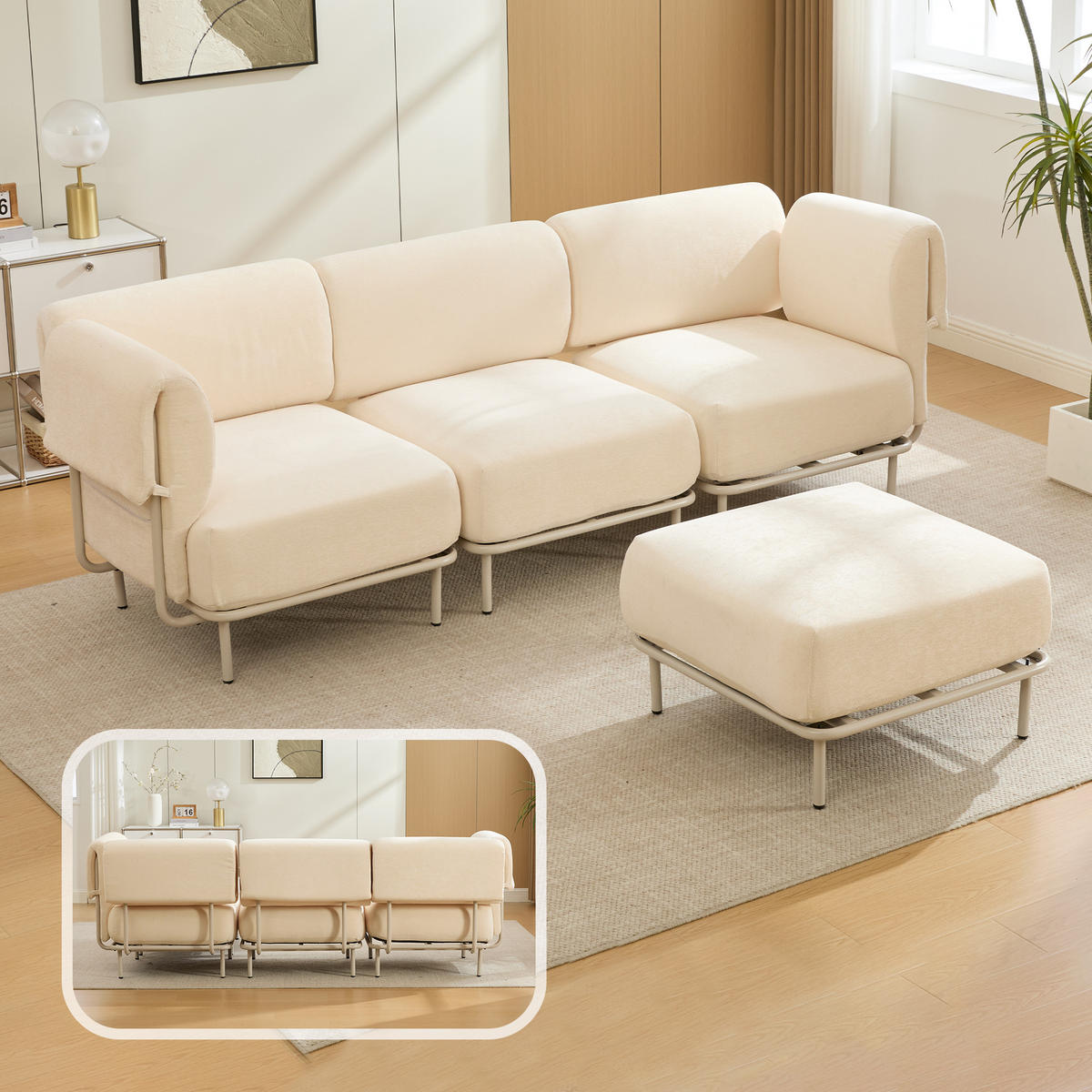 ECKSOFA 251/155/78 cm Beige Chenille mit 1 Fußhocker - Beige/Schwarz, Textil (155/251cm) - Oxeza