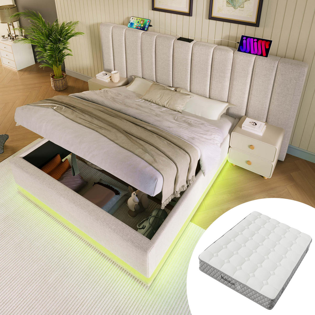 STAURAUMBETT 180/200 cm DE-01035, in Leinen Beige,App-LED, Hydraulik und Matratze - Beige, Metall (180/200cm) - ComfortXL