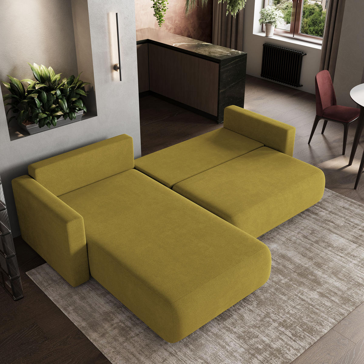 ECKSOFA TURIN Gelb Geflochtener Stoff mit Schlaffunktion - Gelb, Holz (265/183cm) - MASSENO