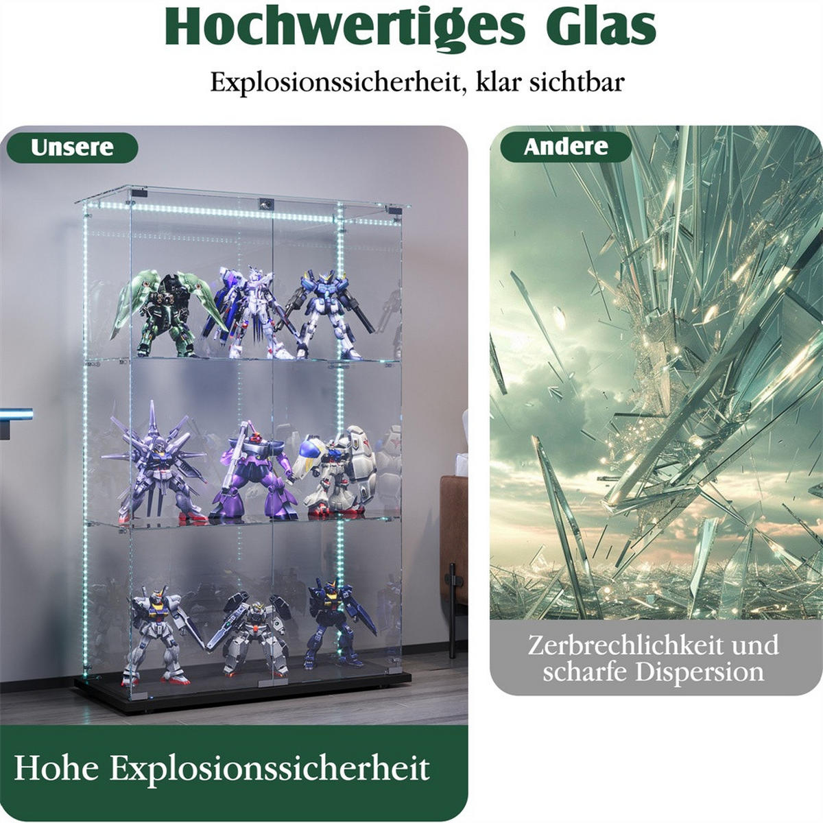 VITRINE - Glasvitrine mit 2 Türen und 3 Ebenen - integrierte LED-Streifen-Beleuchtung - Schwarzer Holzboden - Schwarz, Glas (78.5/123.3/35cm) - DELFA
