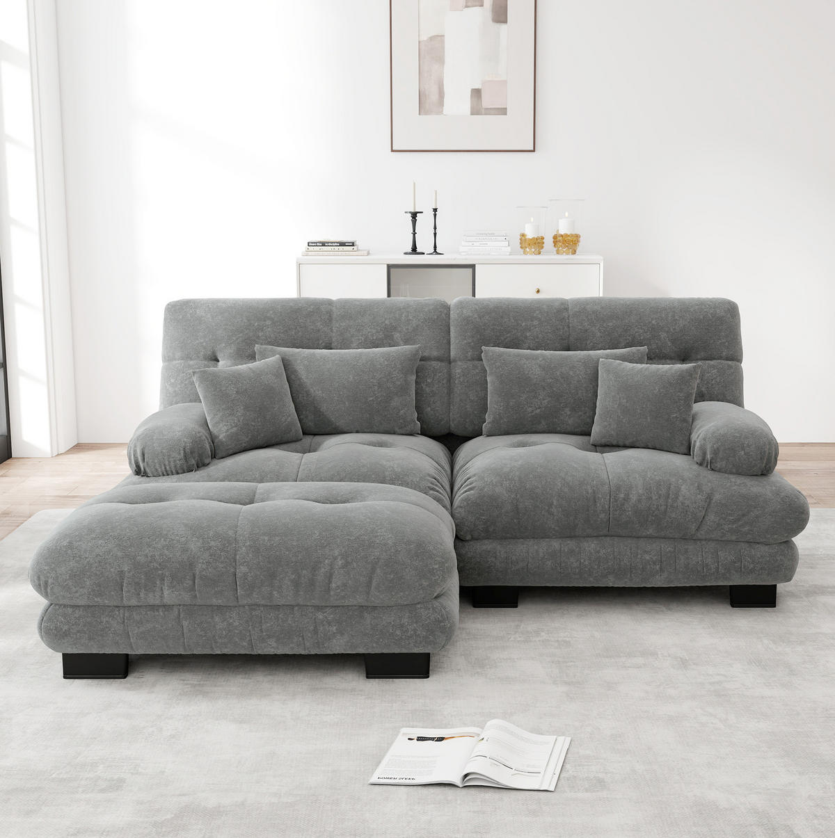 SOFA modular mit Ottomane Chenille Grey - Hellgrau, Kunststoff (145/220cm) - Meubliv
