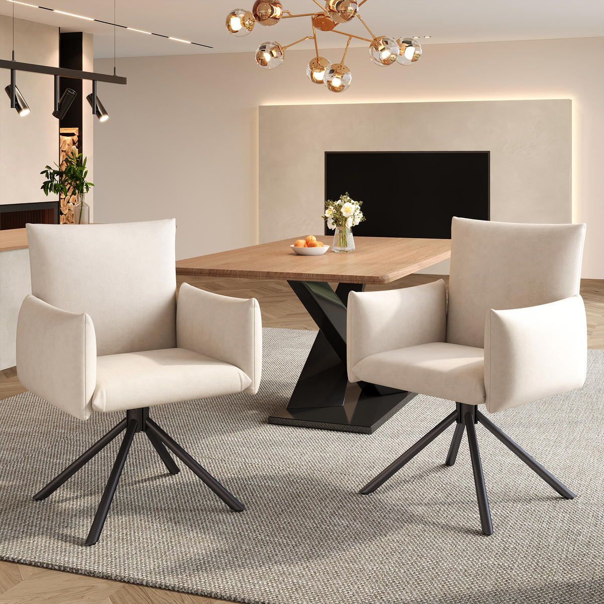 ESSZIMMERSTUHL 2er Set Drehstuhl Samt Beige Lordosenstütze - Beige, Textil (60/86/64cm) - FLIEKS