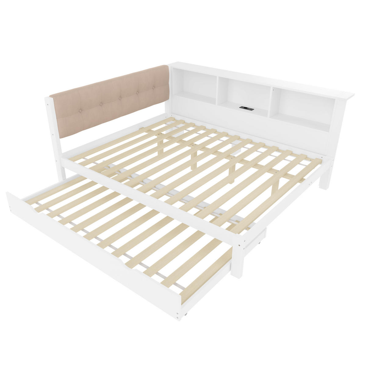 TAGESBETT 140/200 cm Weiß aus Kiefernholz und MDF mit Ausziehbett, Regal, USB-Anschluss und LED-Leiste - Weiß, Holz (140/200cm) - OKMYHOME