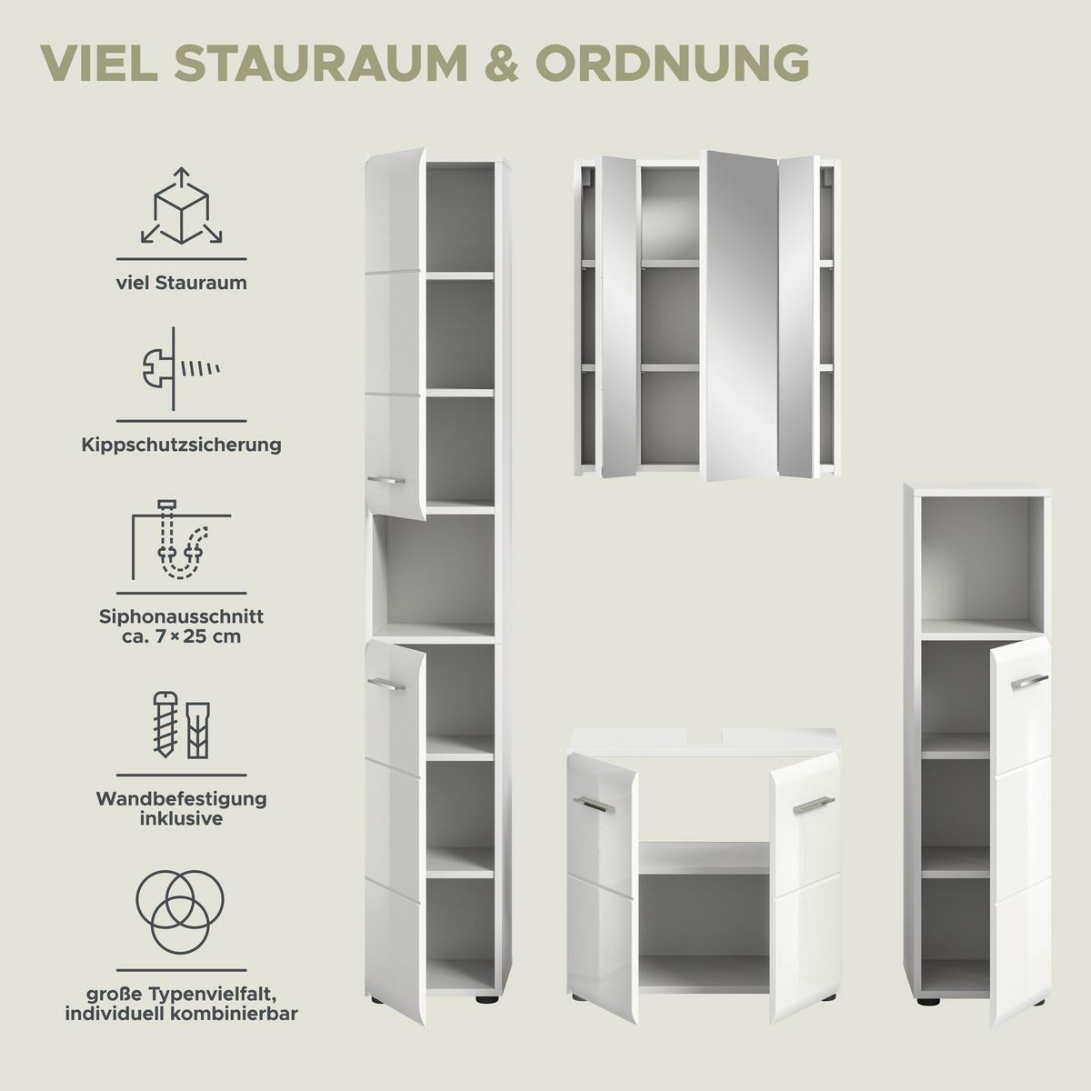 BADEZIMMER 4 tlg. Alba Bad in weiß und weiß hochglanz B/H/T: 150x185x30 cm - Weiß, Holz (150/185/30cm)