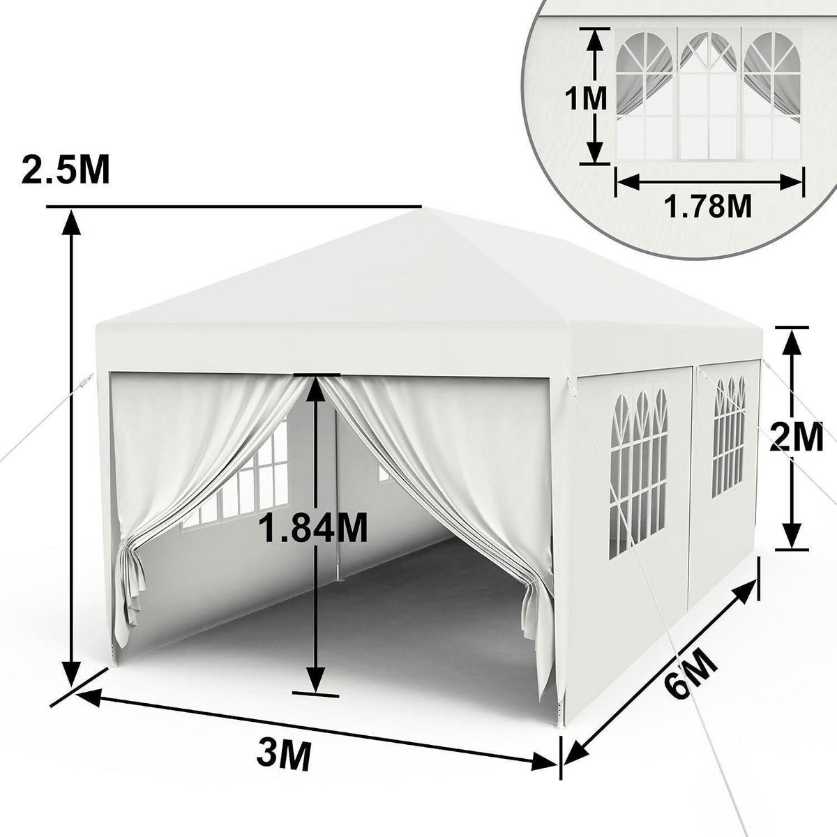 GARTENZELT 3 x 6 m Weiß mit Seitenteilen und Fenstern - Weiß, Textil (300/250/600cm)