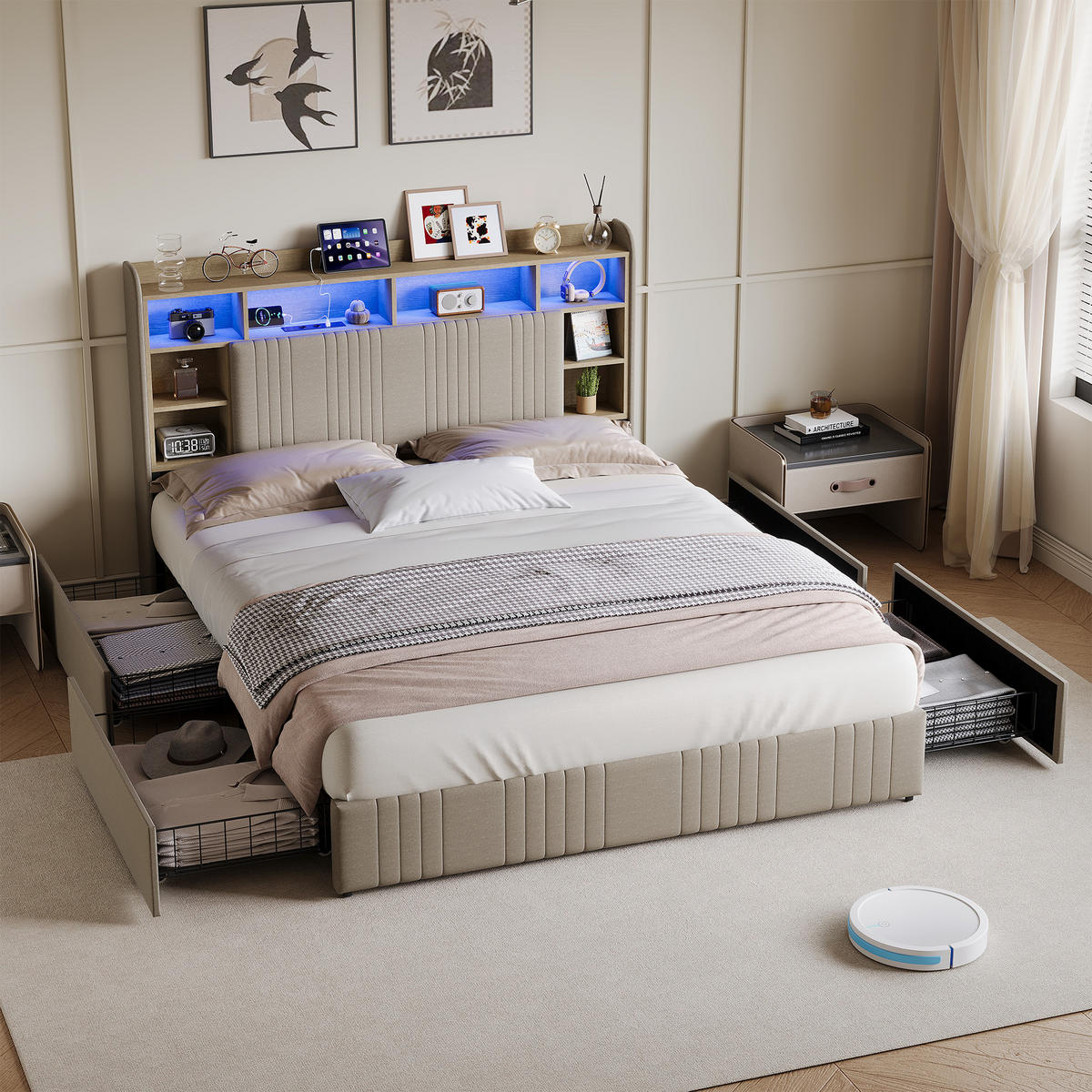 POLSTERBETT 160/200 cm Beige mit 4 Schubladen, LED-Kopfteil mit Ablage und USB - Beige, Metall (160/200cm) - EuroLiving