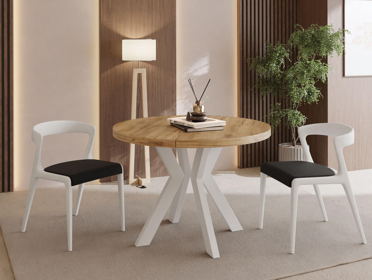 ESSTISCH Savio Weiß rund ausziehbar verlängerbar XXL, Eiche Braun 100-200/100/77 cm - Eiche Wotan/Weiß, Holz/Holzwerkstoff (100/100/77cm) - WFL GROUP