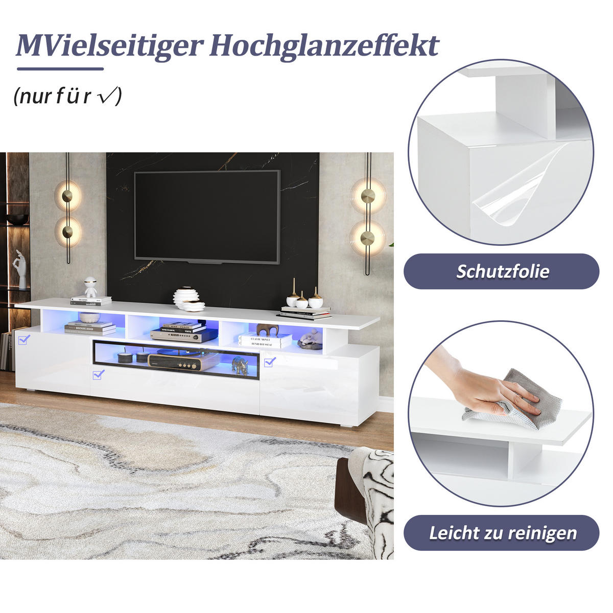TV-LOWBOARD 180x38x45 cm Hochglanz LED Schrank Schublade - Weiß, Holzwerkstoff (38/45/180cm) - FLIEKS