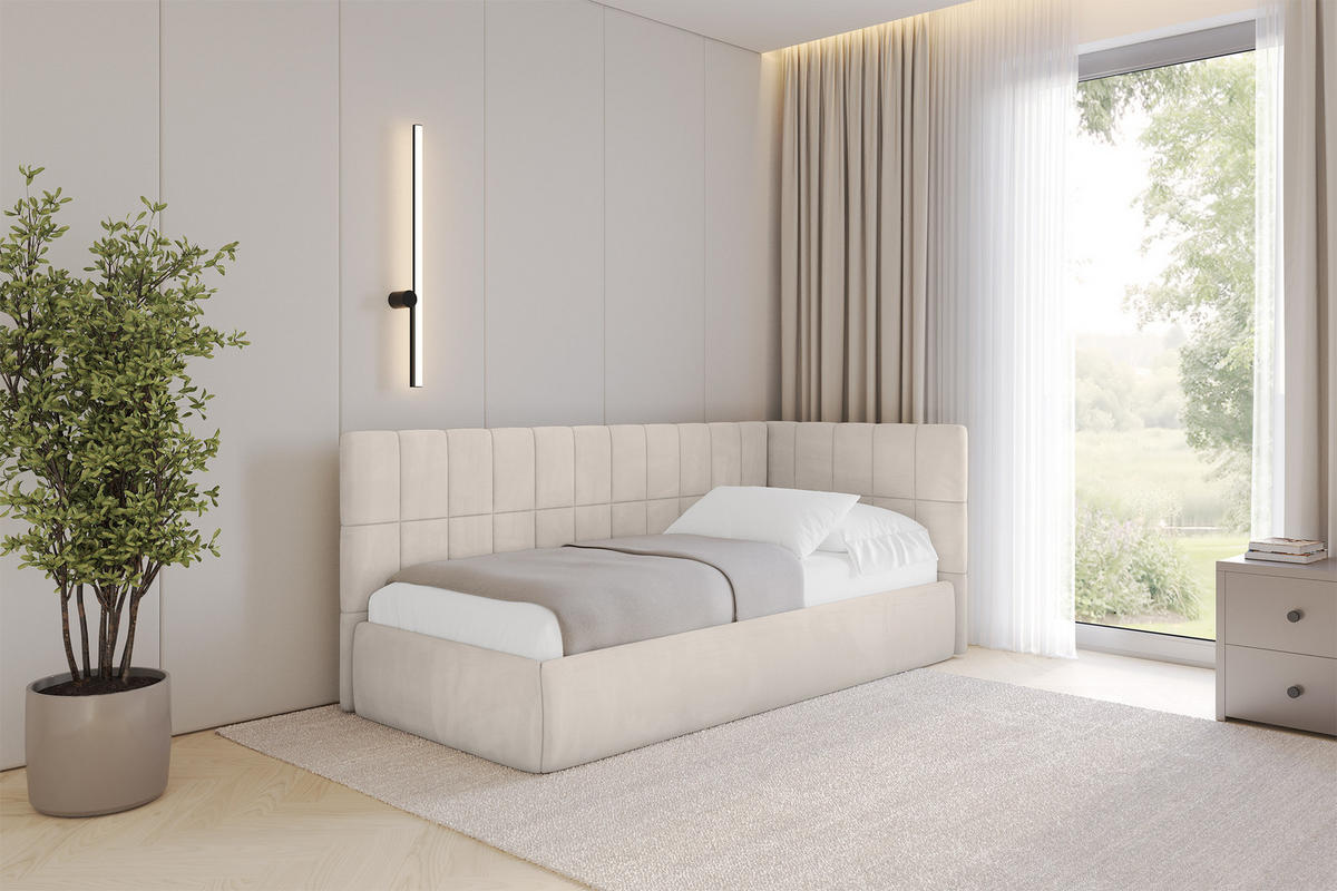 EINZELLBETT Jugendbett mit Bettkasten und Matratze H3/H4, Links - TULY 90x200 Beige - Ecru, Holzwerkstoff/Textil (90/200cm) - ALTDECOR