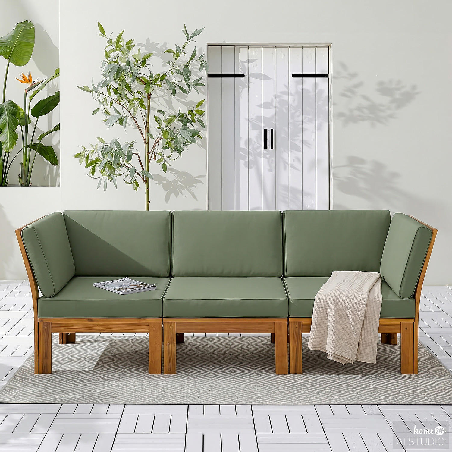 LOUNGESESSEL - Webstoff / Akazie massiv - Olivgrün, Holz/Textil (60/73/71cm) - home24