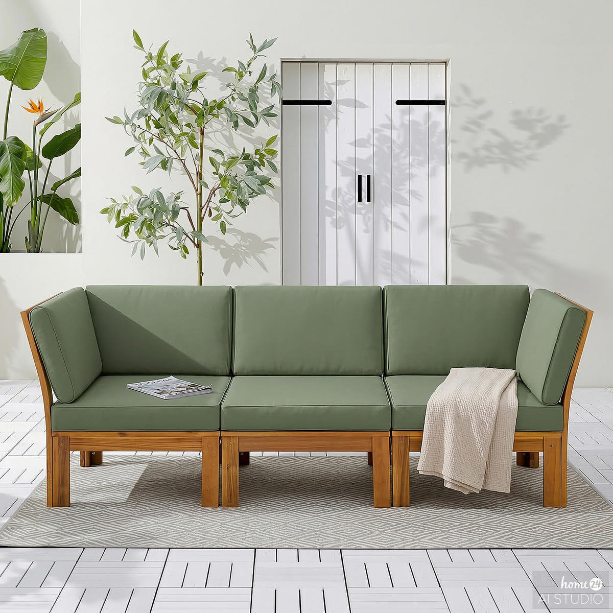 LOUNGESESSEL - Webstoff / Akazie massiv - Olivgrün, Holz/Textil (60/73/71cm) - home24