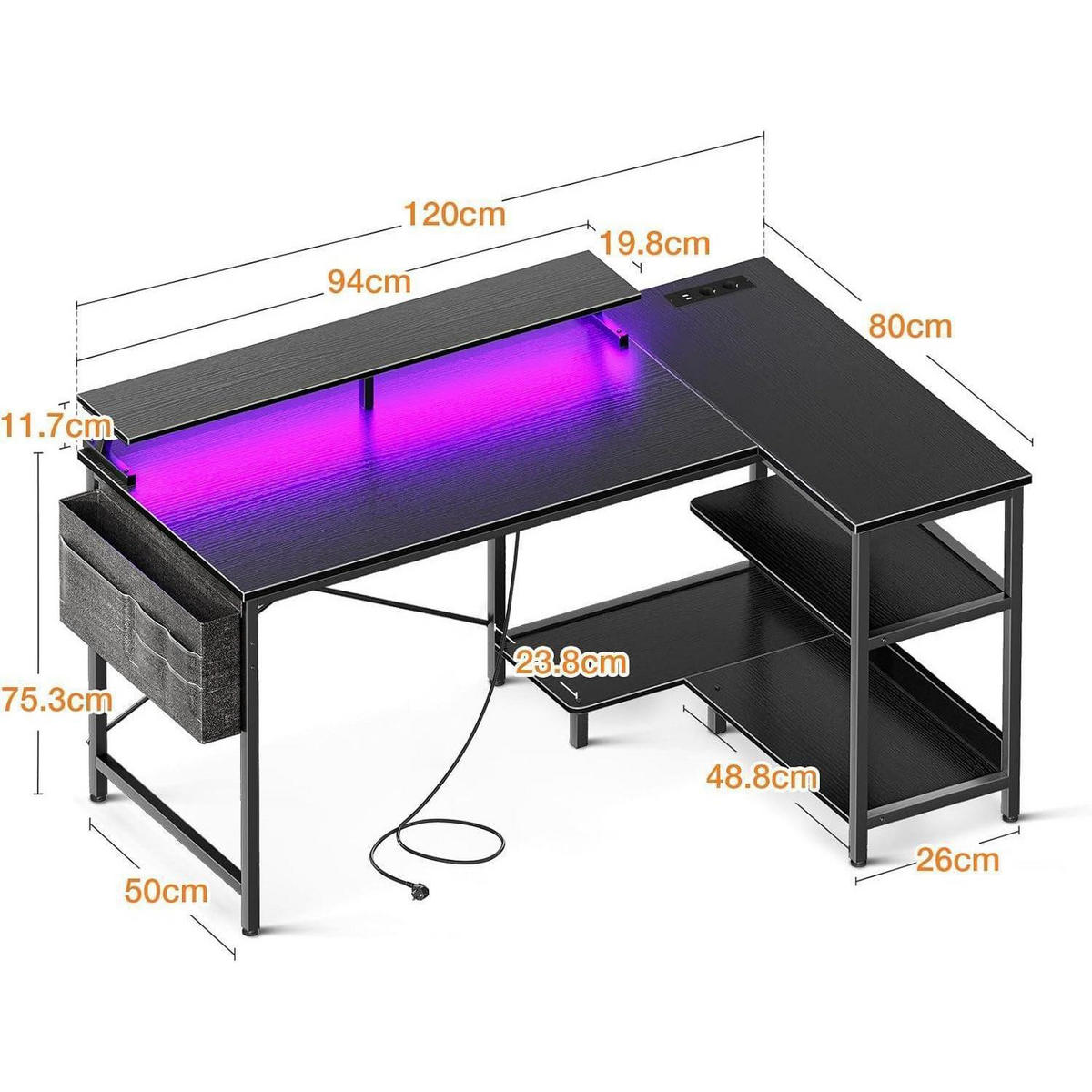 SCHREIBTISCH L-Form mit LED und Steckdosen 120 x 80 cm Schwarz - Schwarz, Metall (80/120/87.7cm)
