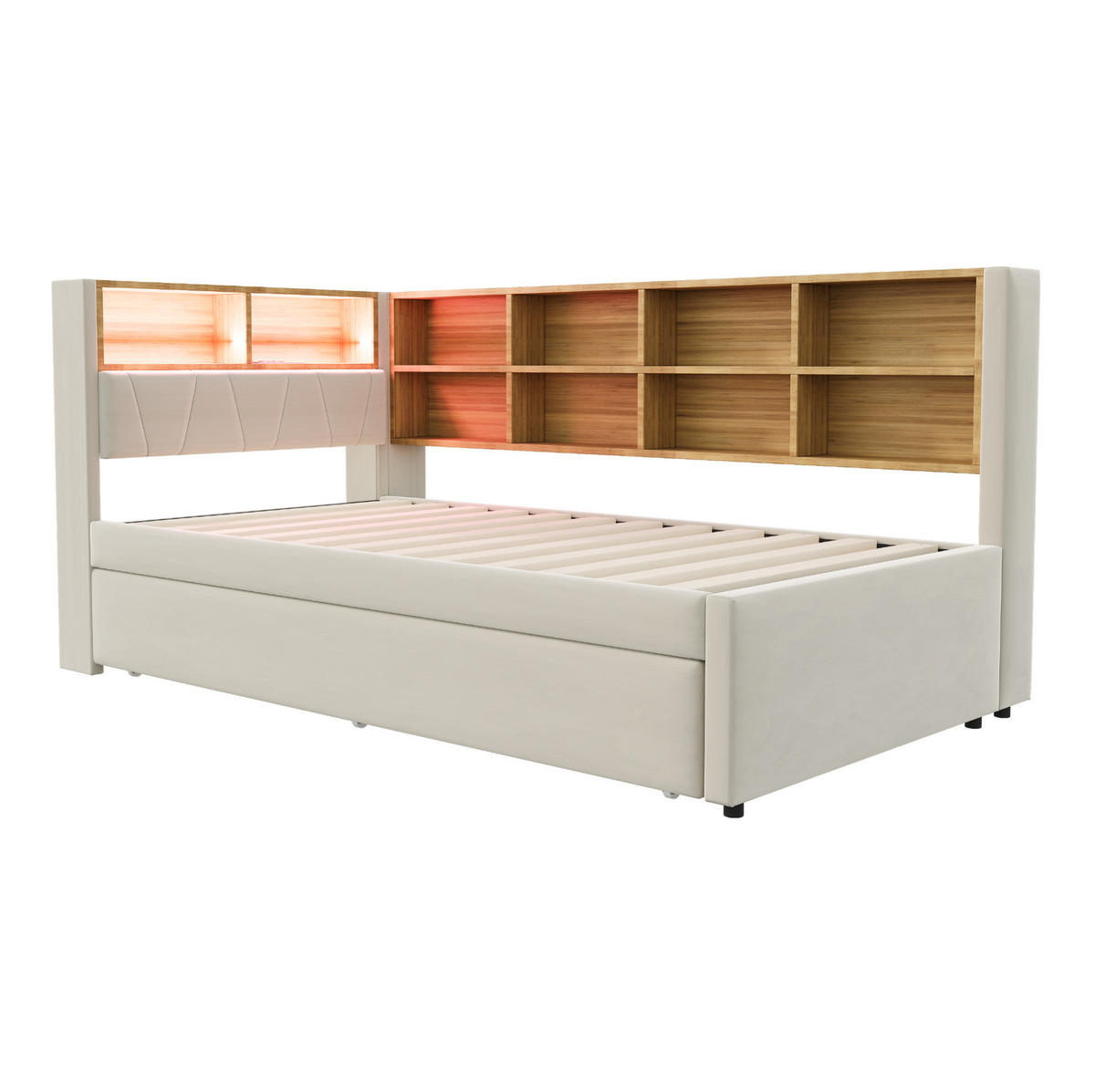 BETT 90/200 cm mit Ausziehbett 90/190 cm Flanell Beige mit LED-Beleuchtung und Multifunktionsanschlüssen - Beige, Textil (90/200cm) - OKWISH